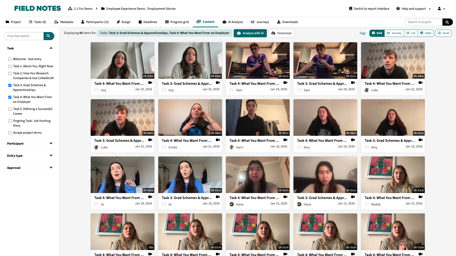 Content tab screenshot - browse employees' self-ethnography